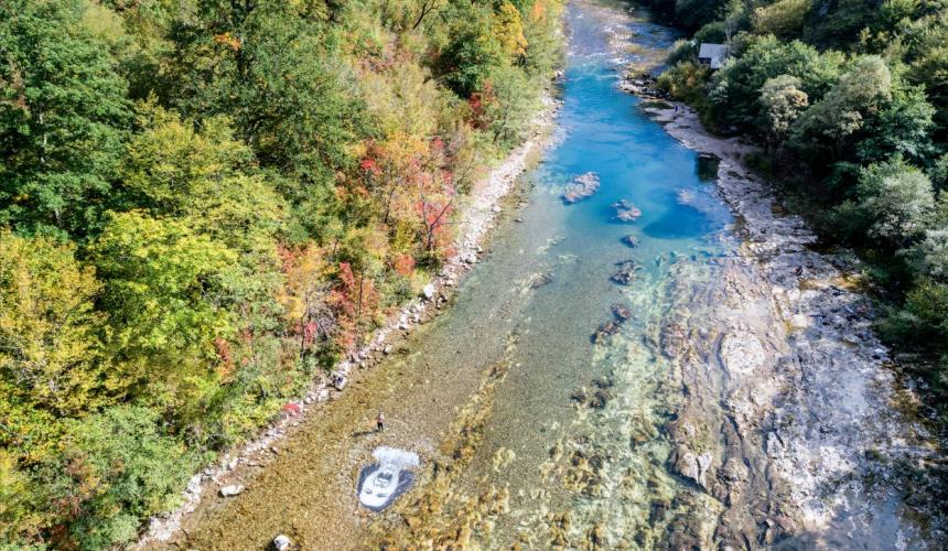 The “Screaming Lady” as symbol of resistance against hydropower in the Balkans. Here in the river Neretva in Bosnia & Herzegovina © Andrew Burr