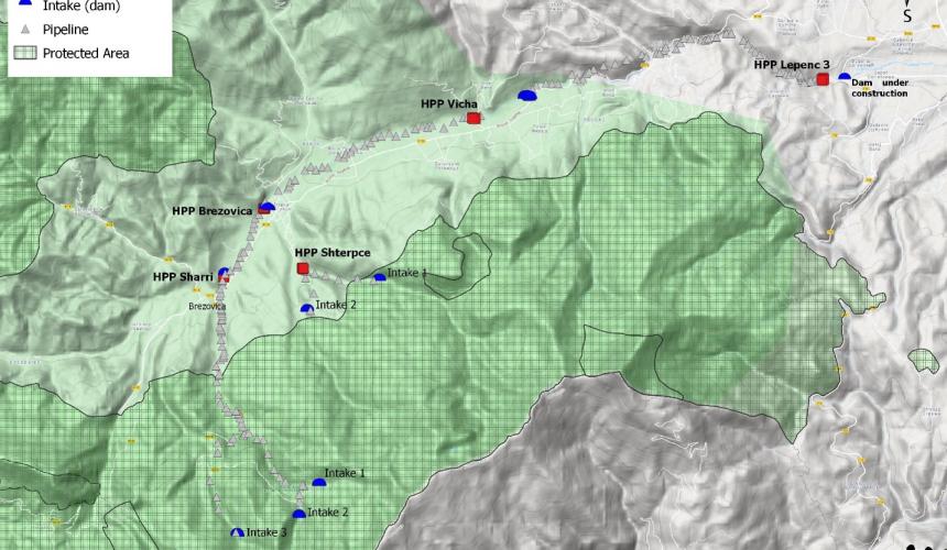 Map of intakes and hydropower plants in the Sharr National Park.