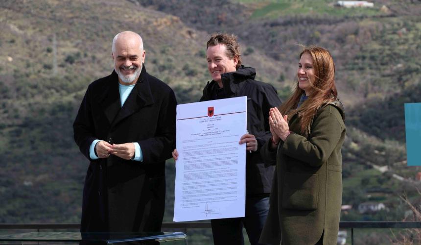 Prime Minister Edi Rama, Patagonia CEO Ryan Gellert, and Minister for Tourism and Environment Mirela Kumbaro signed official declaration of Vjosa Wild River National Park © Anika Konsek