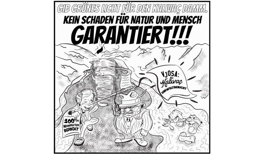 Karikatur zur gefälschten UVP Kalivaç © Alastair Findlall/Kunstitiy