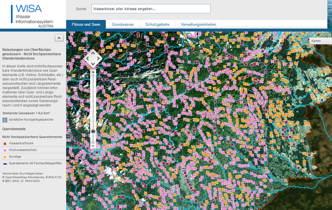 Extracted from Water Informations System Austria - situation of barriers in Styria. Source: http://maps.wisa.bmlfuw.gv.at/gewaesserbewirtschaftungsplan-2015