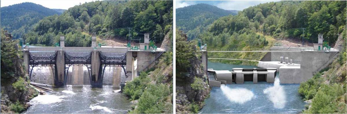 The new dam will be equipped with fully removable gates, a large fishpass and a device to sustain downstream migration. (Salmon) Poutés partial dam removal, before and after (c) EDF