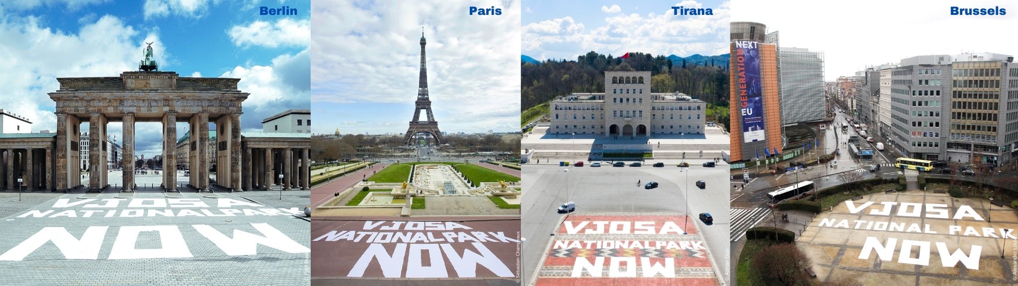 The Vjosa National Park would be Europe’s first Wild River National Park and is therefore of pan-European importance. Photos: Berlin © Paul Buske; Paris © Sébastien Champeaux; Tirana © Adrian Guri; Brussels © Alexander Louvet